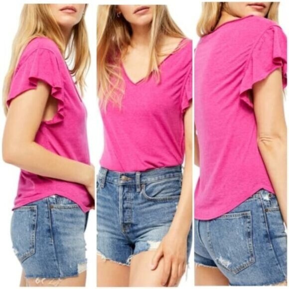 Free People ✦ Bright Pink Button-Down Top ✦ Flutter Sleeves V-Neck Sheer Stripe - Picture 2 of 10